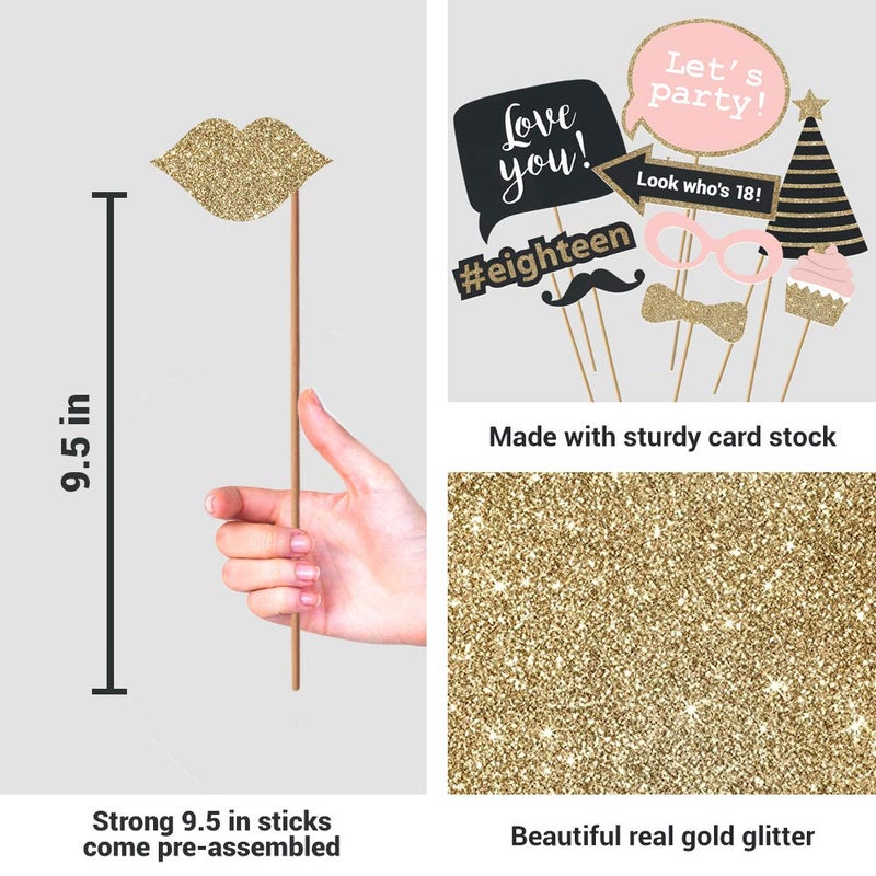 Perfect Occasion Fully Assembled 18th Birthday Photo Booth Props - Set of 30 - Pink & Gold Selfie Signs - 18th Party Supplies & Decorations - Cute Bday Designs with Real Glitter - Did We Mention No DIY - Image 3